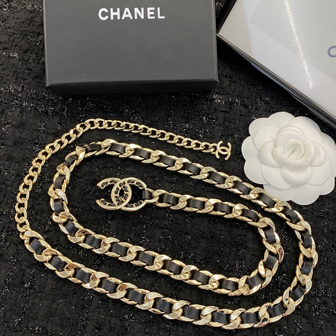 Chanel black leather gold waist chain