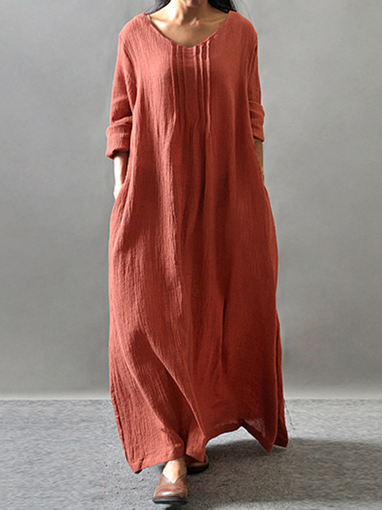 Solid Color Pleat Pocket Casual Maxi Dress