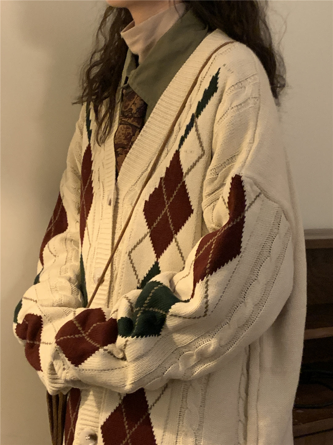 Loose-Fitting Plaid Cardigan Sweater Jacket Vintage Style