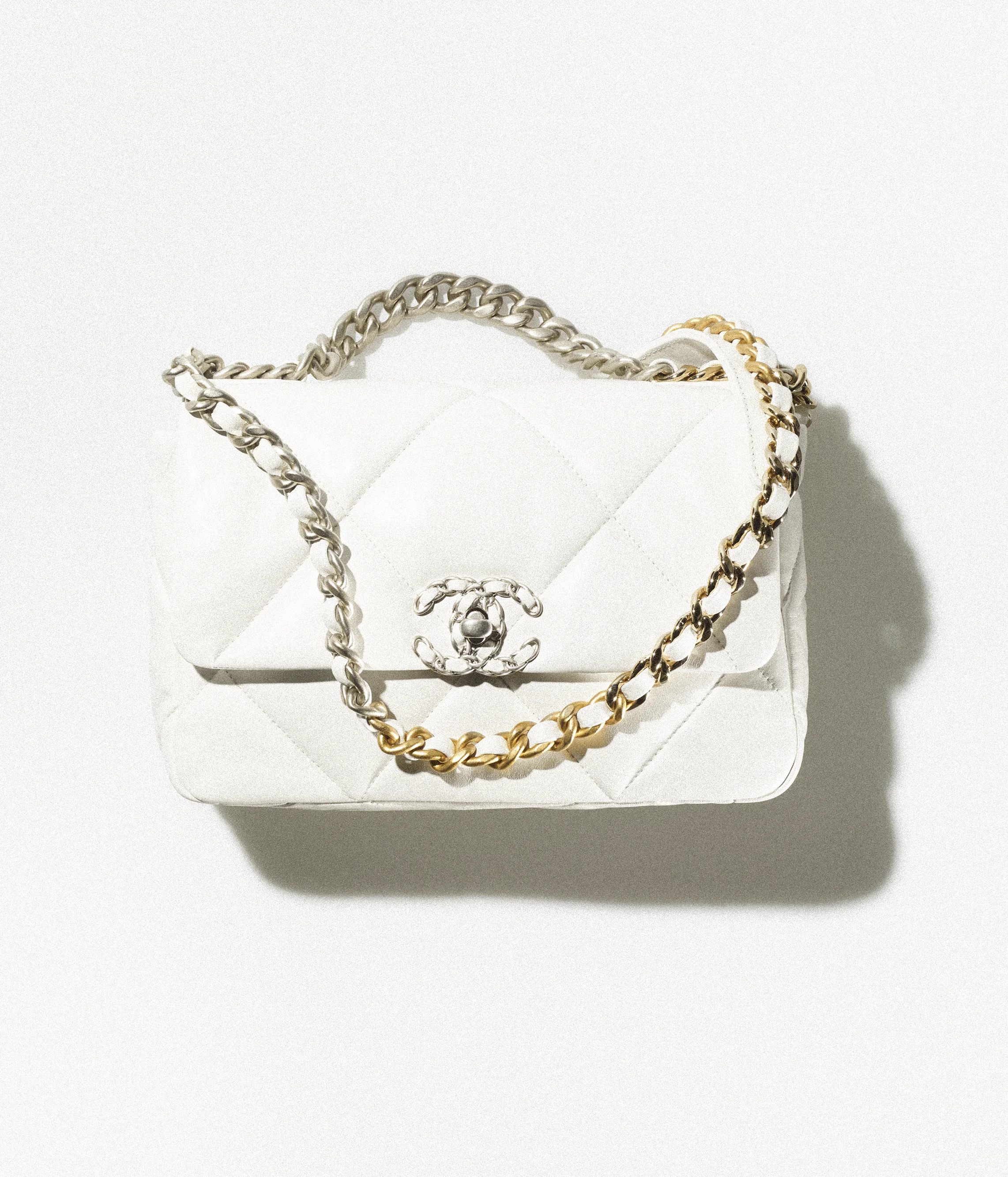 CHANEL 19 Handbag Shiny Lambskin, Gold-Tone, Silver-Tone & Ruthenium-Finish Metal White AS1160-B07327-10601