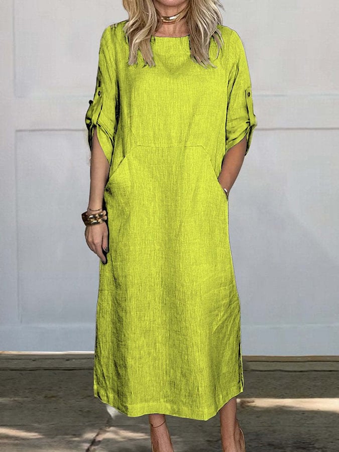 Women's Casual Loose Solid Color Cotton And Linen Dress