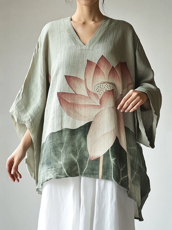 Women's Vintage Classy Lotus Art Linen Blend Tunic