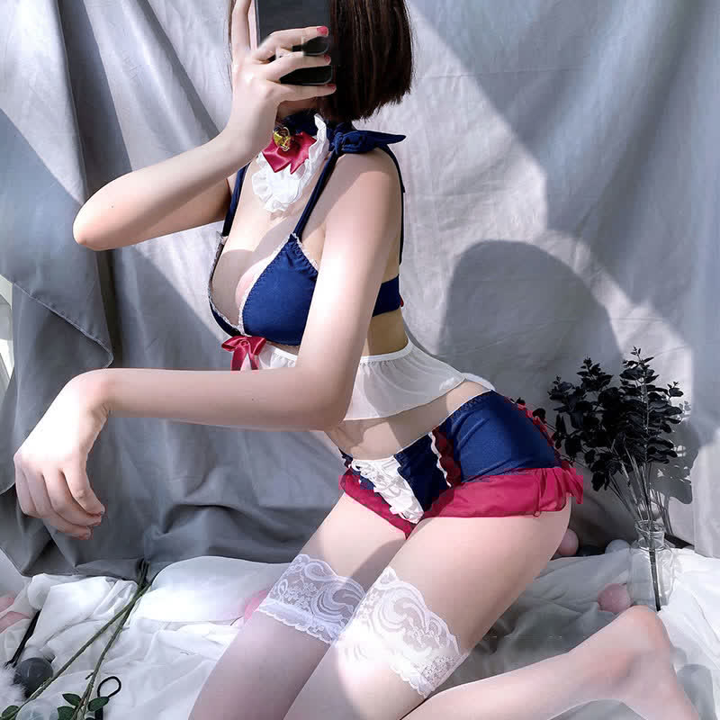 Cosplay Maid Bow Knot Lace Up Lingerie