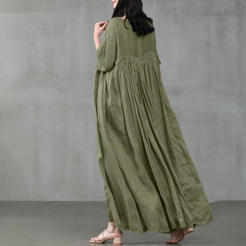 Solid Color Patchwork Half Sleeves Linen Casual Maxi Dress