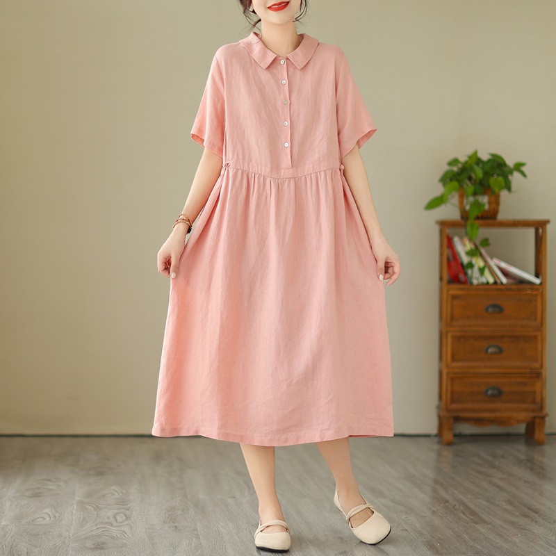 Solid Color Cotton Linen Lapel Midi Dress
