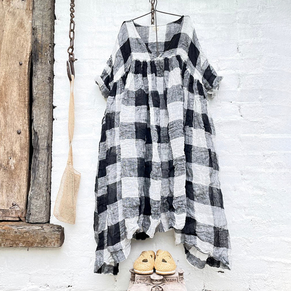 Plaid Comfortable Casual Loose V-Neck Maxi Dress