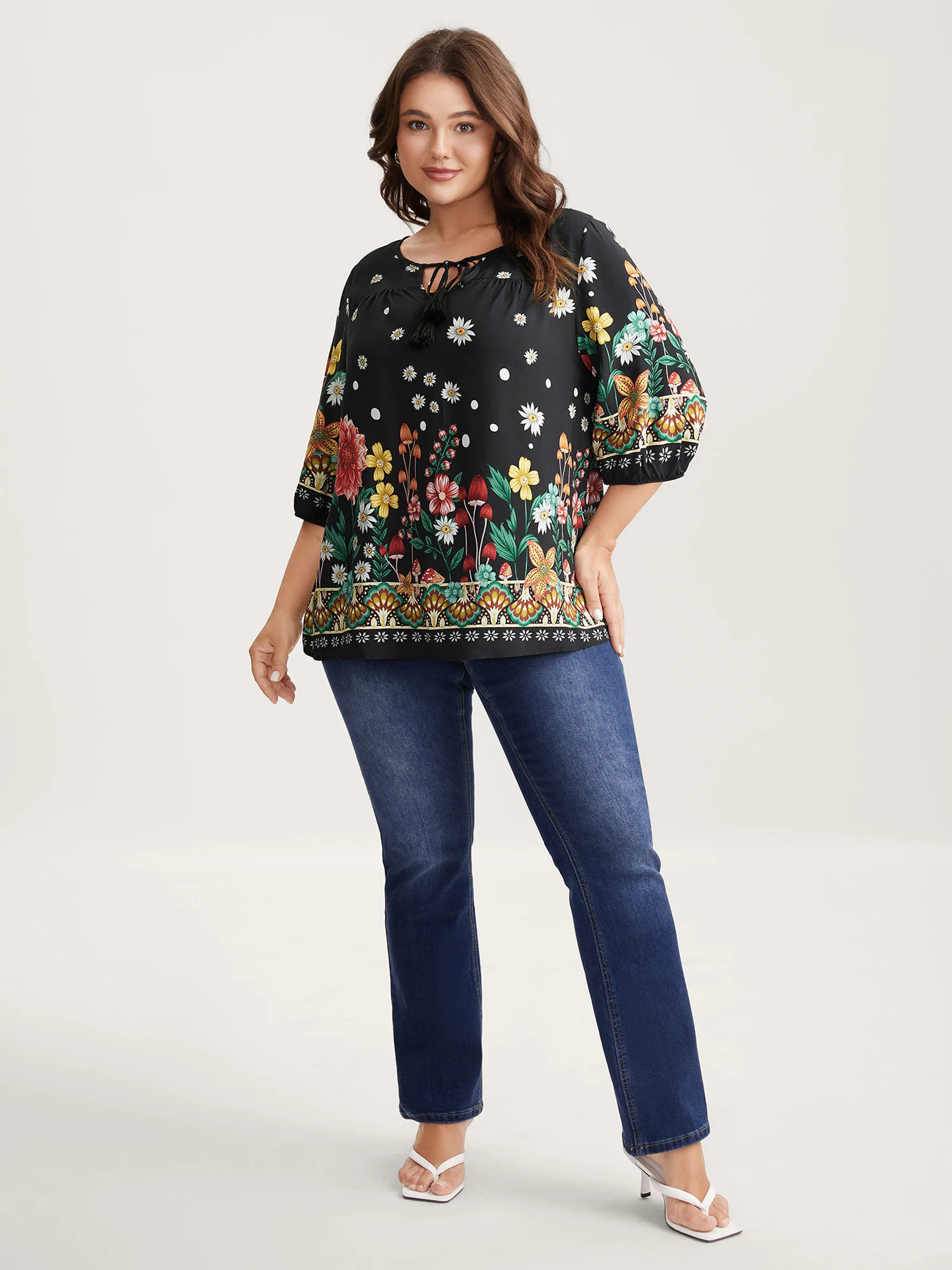 Colorful Floral Pleated Tassel Blouse