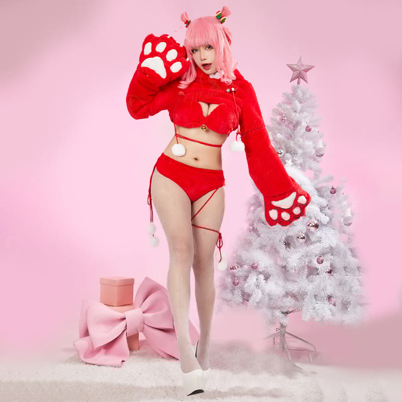 Cosplay Cartoon Deer Paw Hooded Plush Lingerie Set