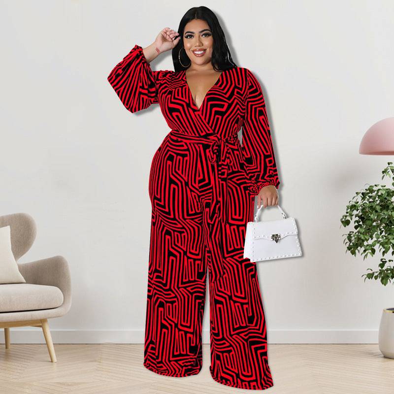 Plus Size Women Clothes Long Sleeve One Piece Straight Leg Pants