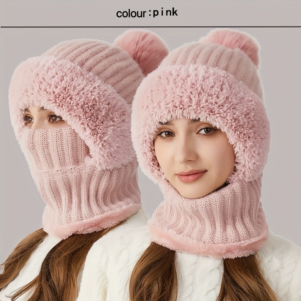 Warm Fleece Lined Knit Hat - Windproof, Thermal Insulation, Earflap Protection, Hooded Neck Gaiter, Breathable