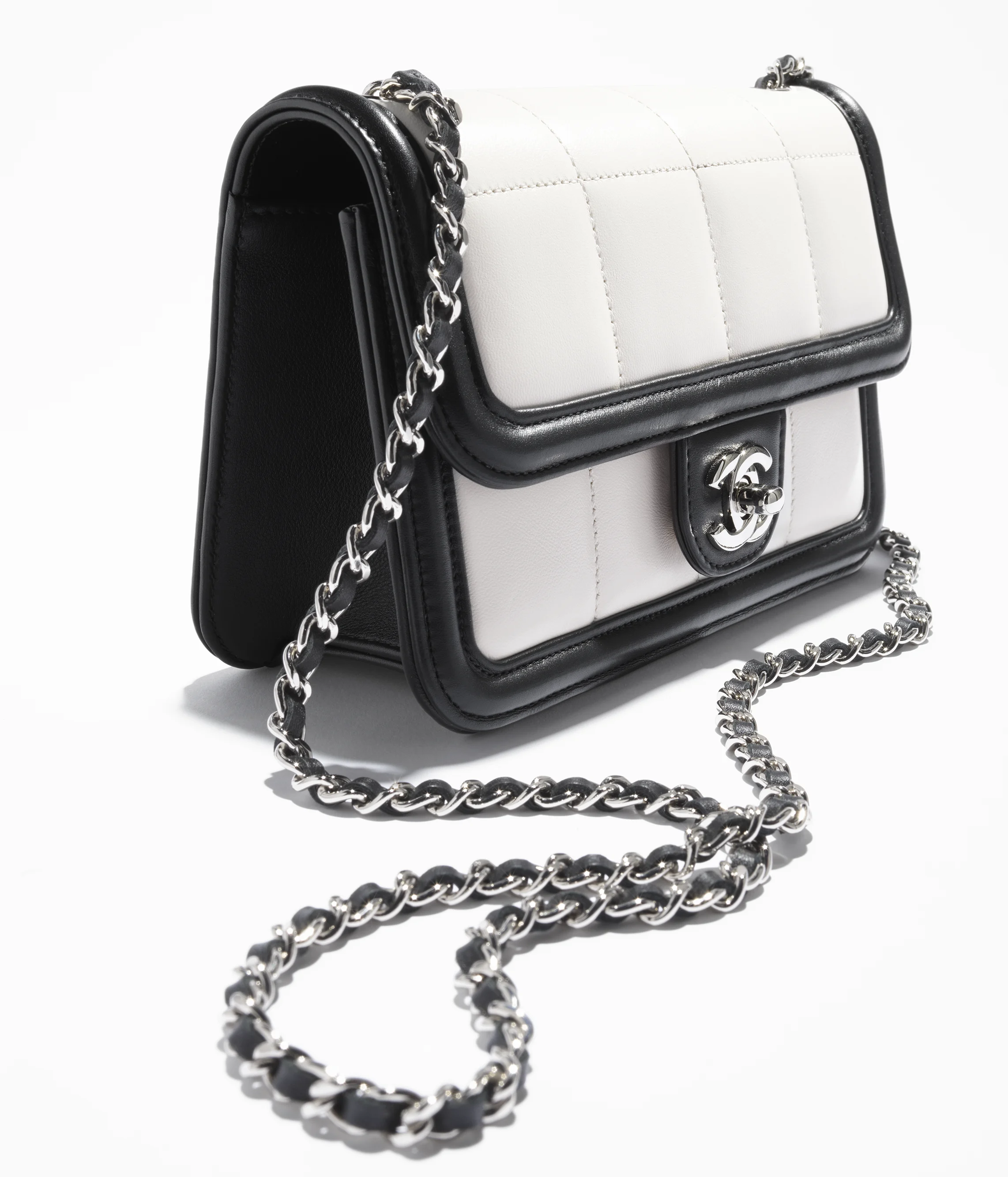 Chanel Mini Flap Bag Lambskin, Calfskin & Silver-Tone Metal Black & White AS5249-B18756-NACUV