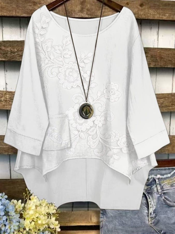Fashionable And Casual Women's Floral Print Cotton And Linen Top