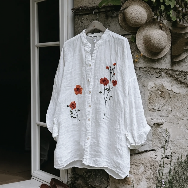 Vintage Floral Embroidery Art Button Cotton Linen Blend Loose Blouse