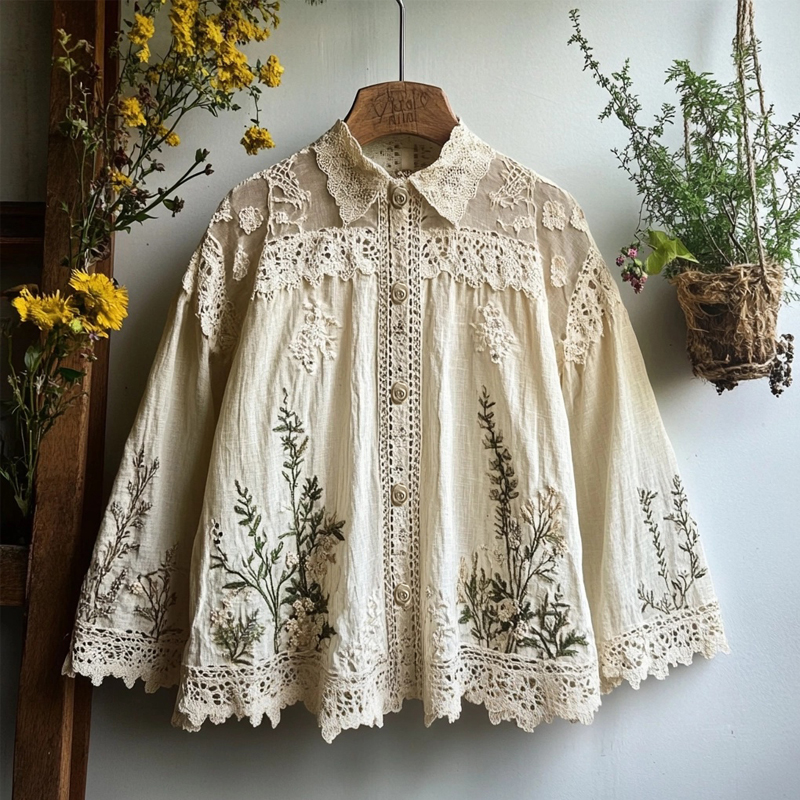 Vintage Floral Embroidered Linen Blend Lace Blouse
