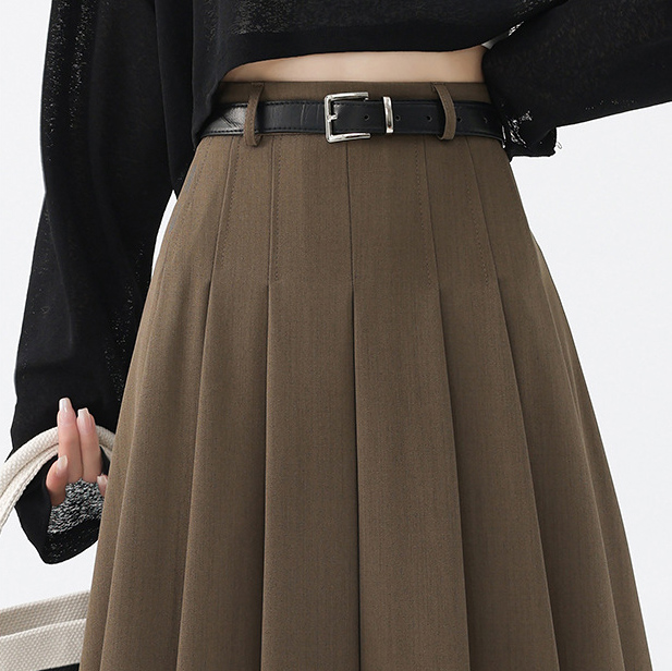 Brown High waist show thin pleated skirt belt suit skirt