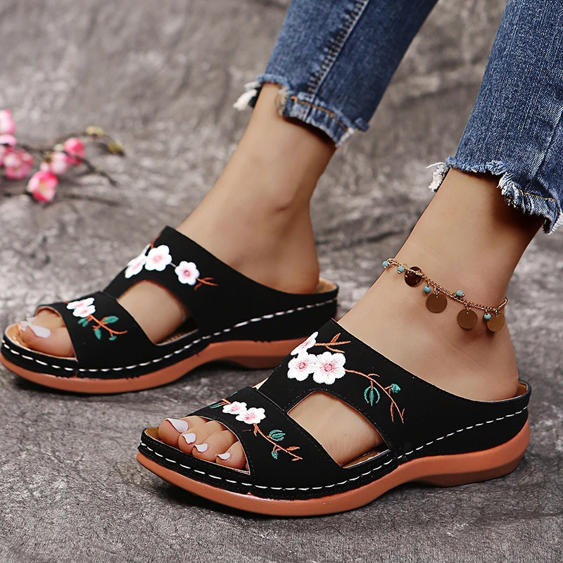 🔥Last Day Sale-[SAVE 50% OFF]-- Women's Orthopedic Flower Embroidered Wedges Sandals-BUY 2 FREE SHIPPING