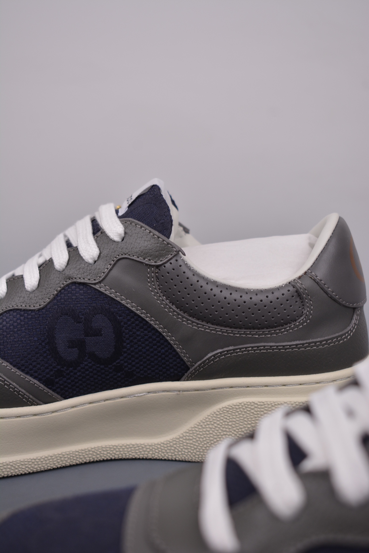 GUCCI Leather dark gray navy blue GG jacquard fabric