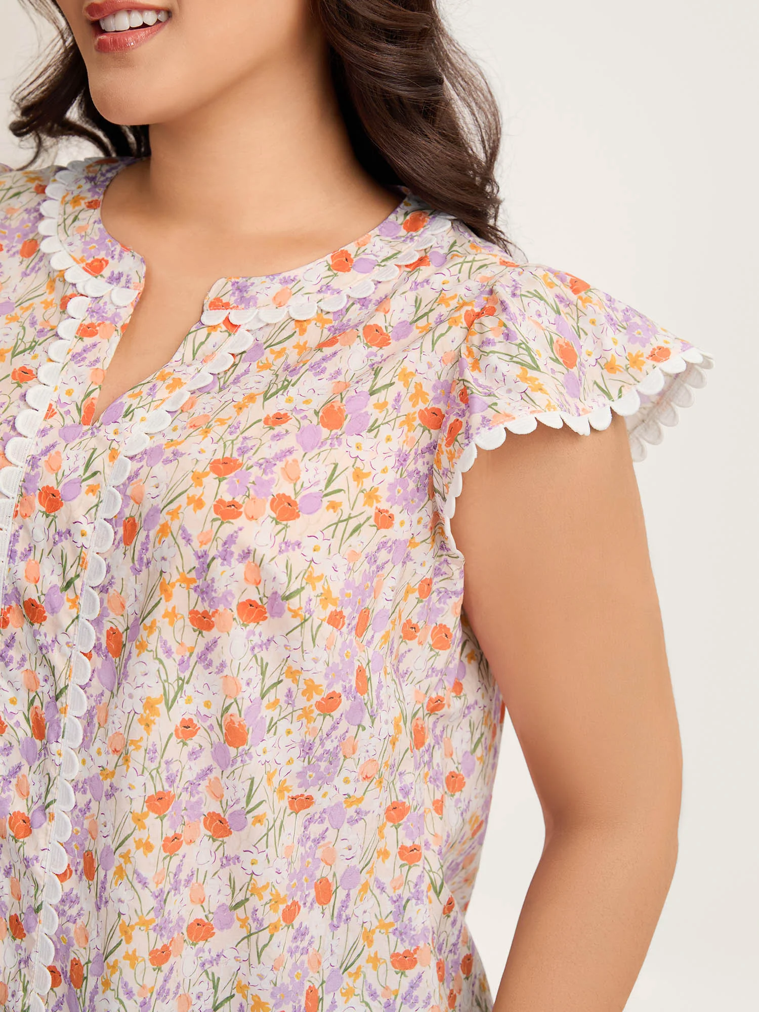 Cotton Floral Print Lace Trim Notched Blouse