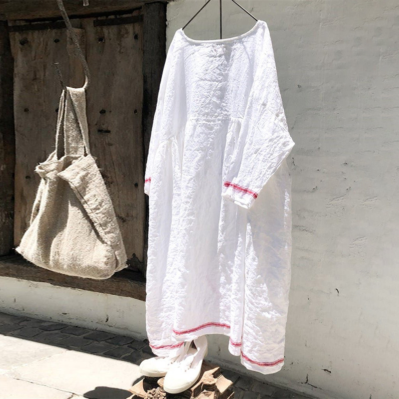 Casual Solid V-Neck Cotton Linen Loose Dress
