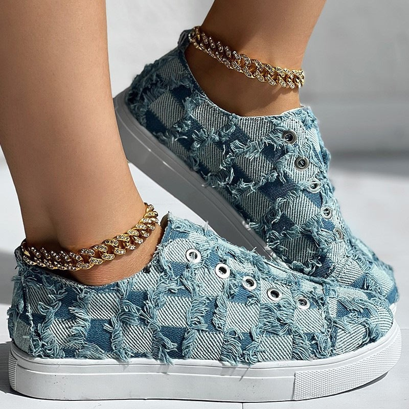 Step into Style with Women's Slip-on Denim Plaid Shoes