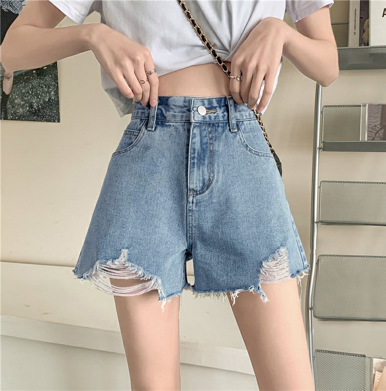 Ripped high-waisted skinny hot pants spicy broad leg jeans