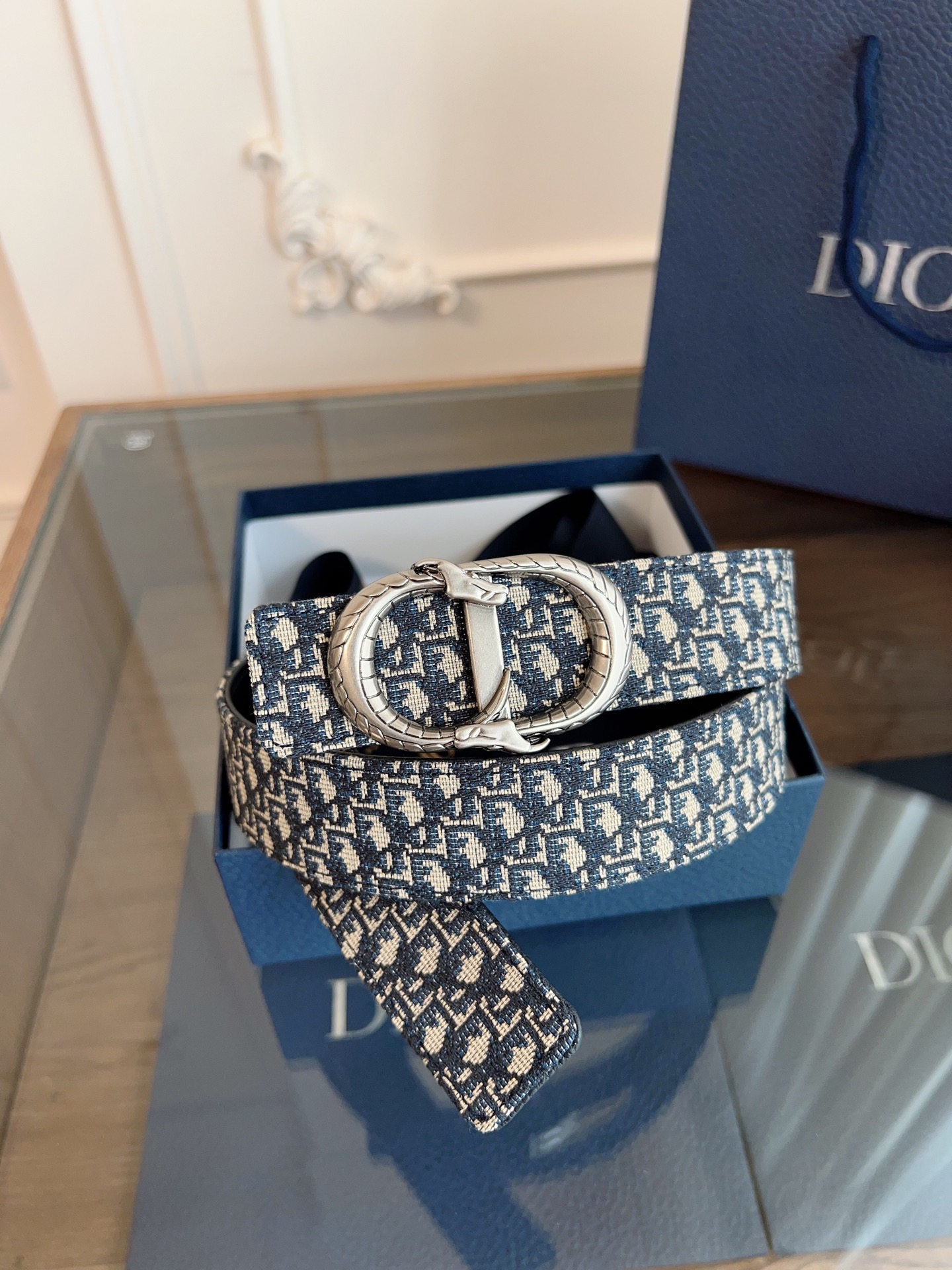 Dior Oblique blue cloth and black leather belt width 3.5CM