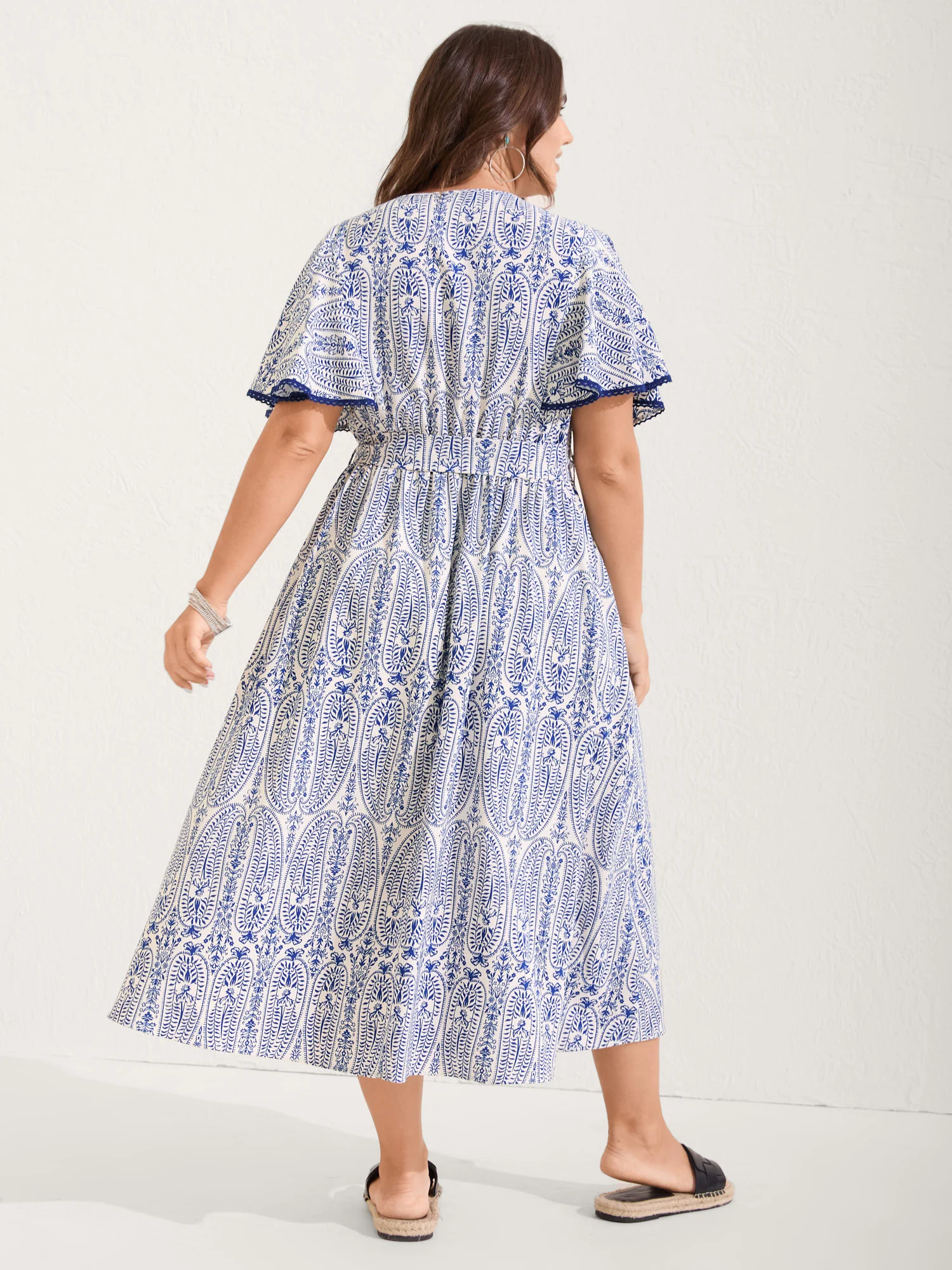 Rayon Paisley Print Cinched-Waist Midi Dress