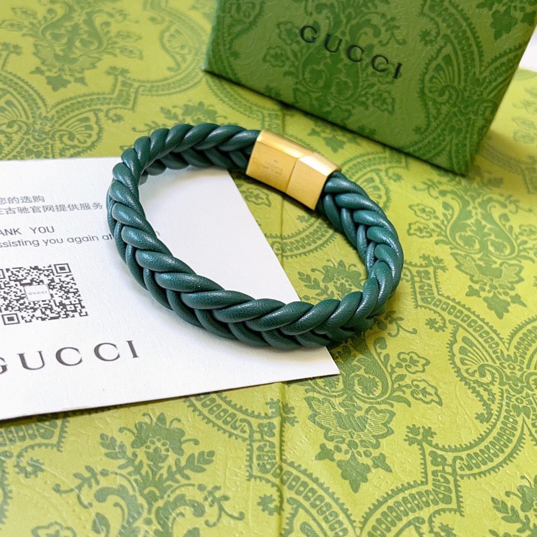 Gucci Green Leather Braided Bracelet