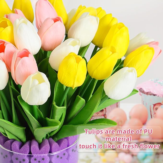🔥On Sale🔥Easter Sponge Bunnies Vase Filler with Artificial Tulips Flowers