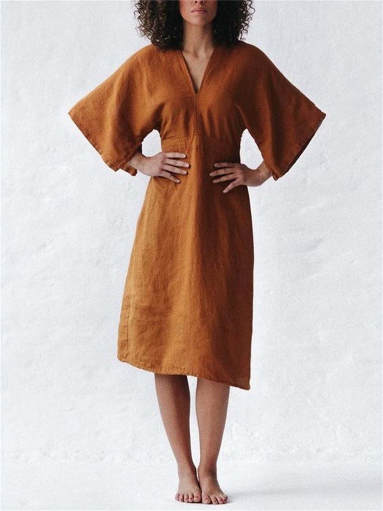 Solid Color V Neck Elegant Midi Dress