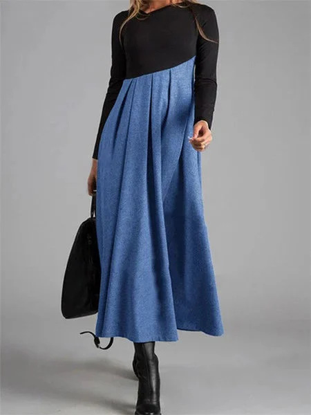 A long-sleeved V-neck dress with irregular tweed stitching