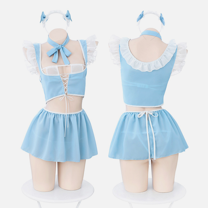Sexy Lace Up Puff Sleeve Maid Lingerie Set