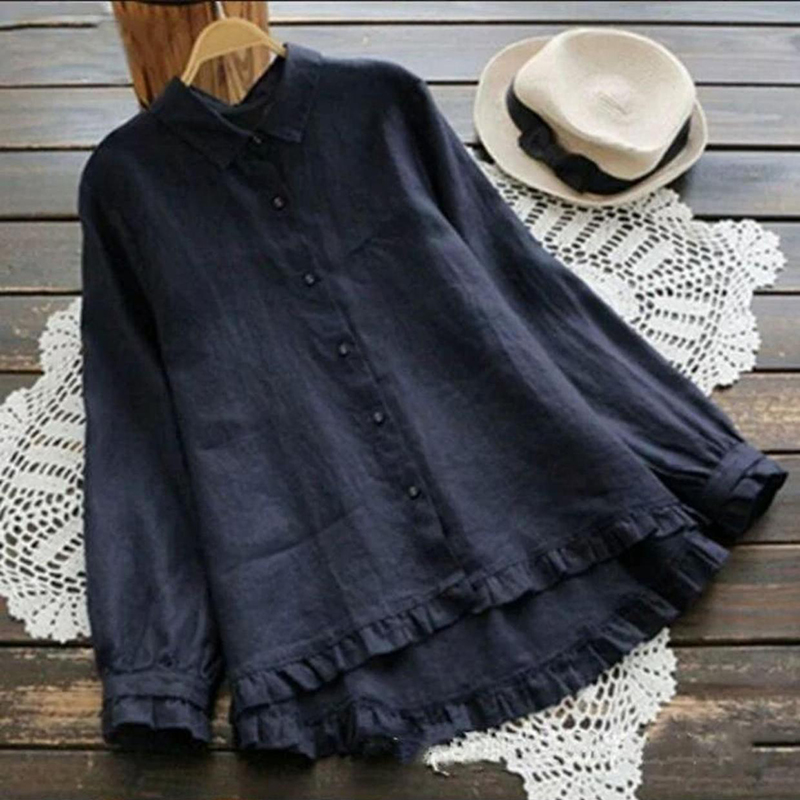 Vintage Plain Shirt Collar Button Down Long Sleeve Blouse