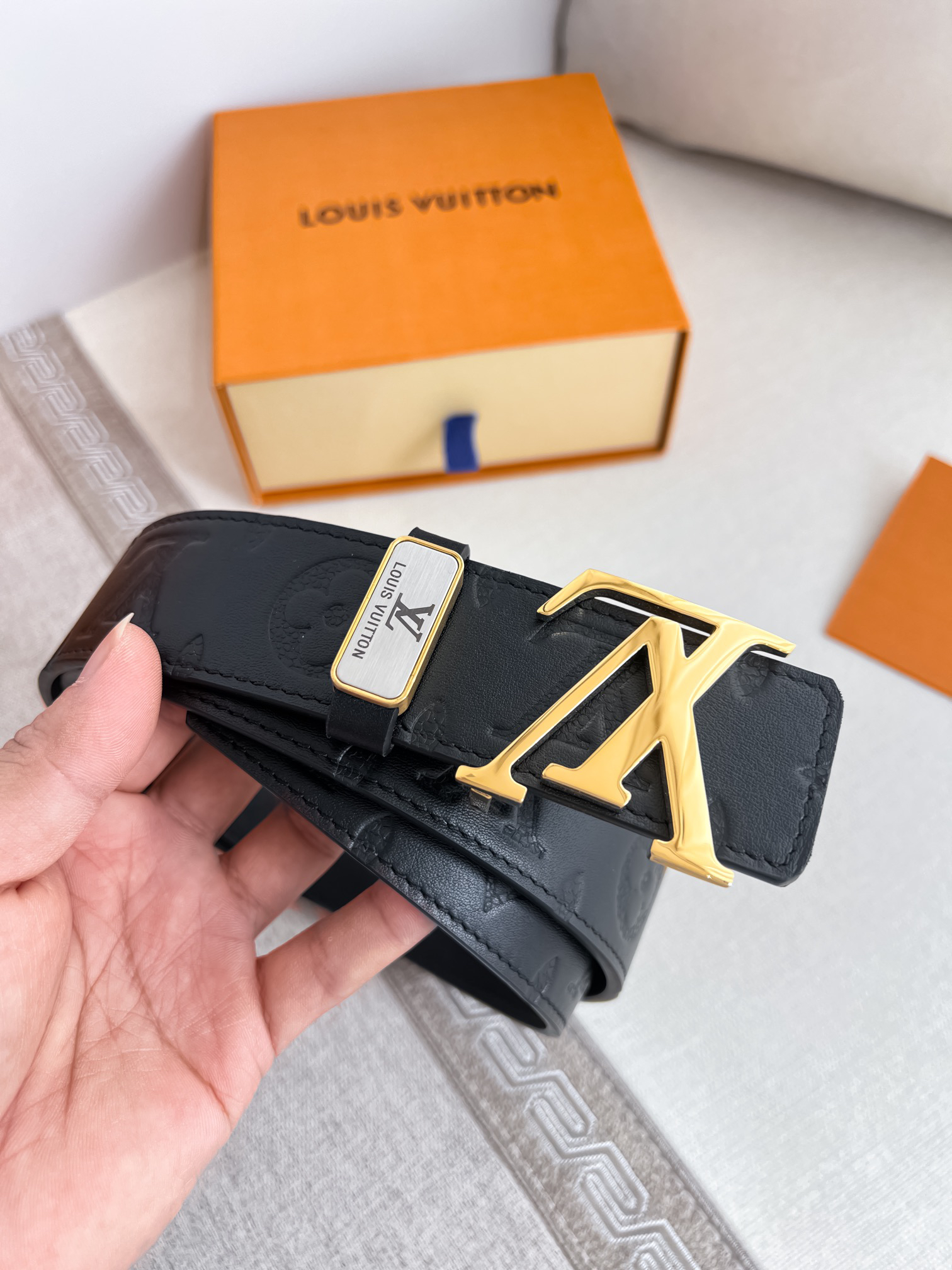 Louis Vuitton Black Printed Calfskin Men's Belt 3.8CM Width