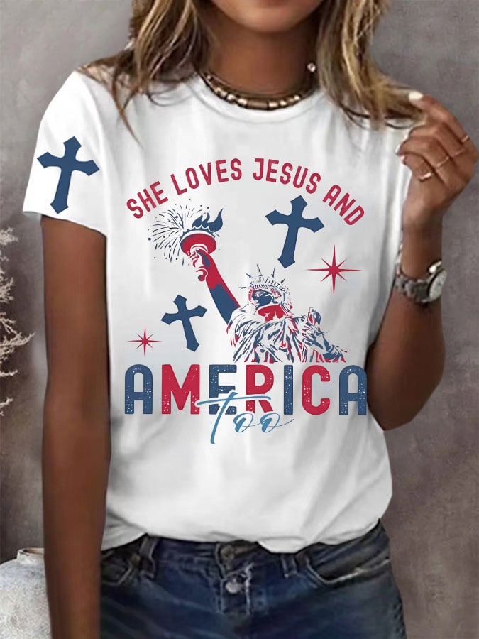 Women's She Loves Jesus  America Too T-Shirt