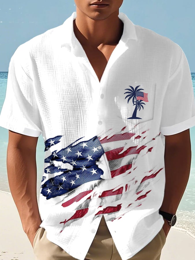 Men's Casual Flag Independence Day Coconut Tree Print Waffle Men's Shirt