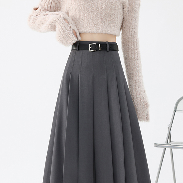 Gray High waist show thin pleated skirt belt suit skirt