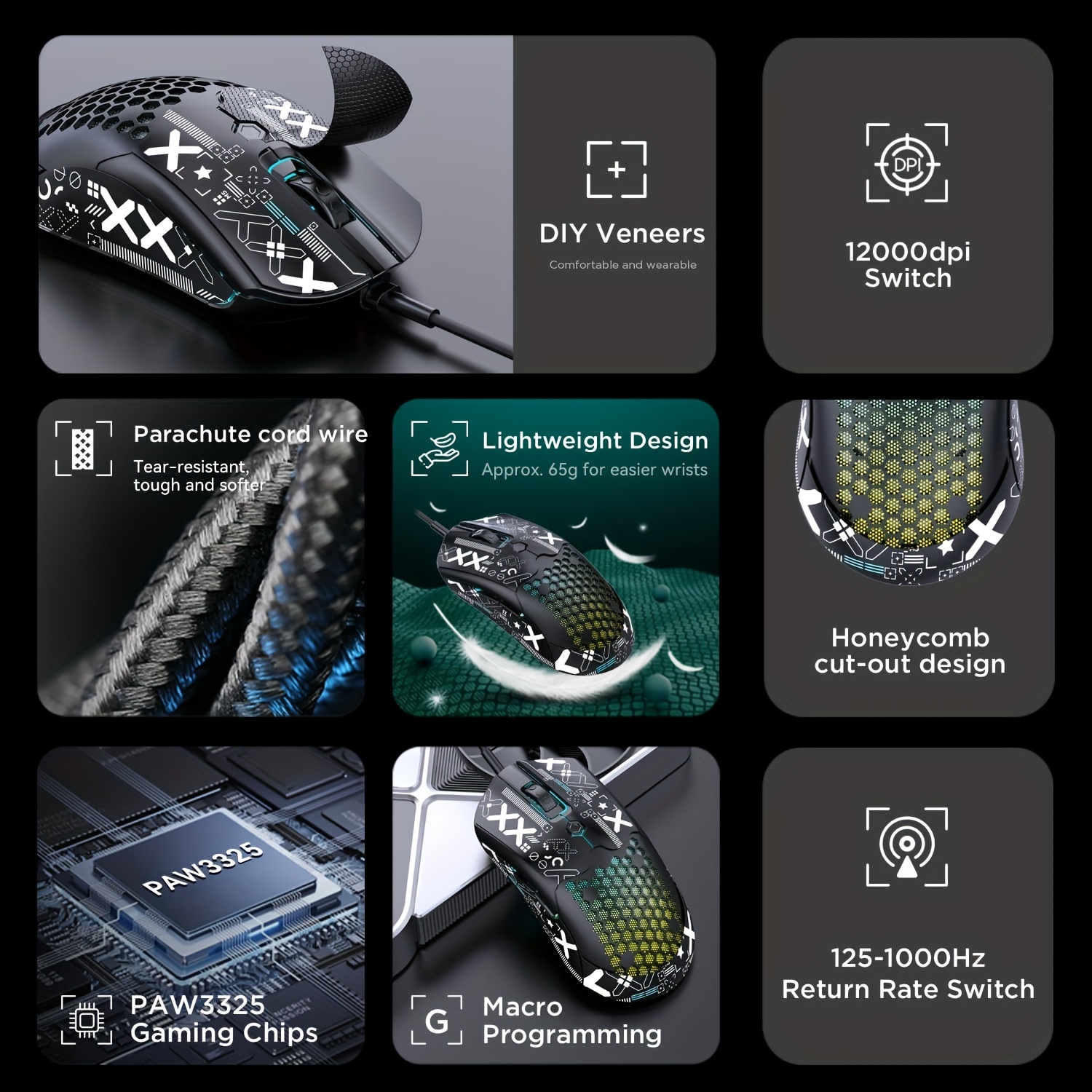 M5 Ultralight Wired Gaming Mouse, Lightweight Honeycomb Shell, Pixart PAW3325, 6 Adjustable DPI 12000, 26 RGB Breathing Backlit Mice, 65g, USB Optical Model O Mice For Win11/Xbox/PS/Mac
