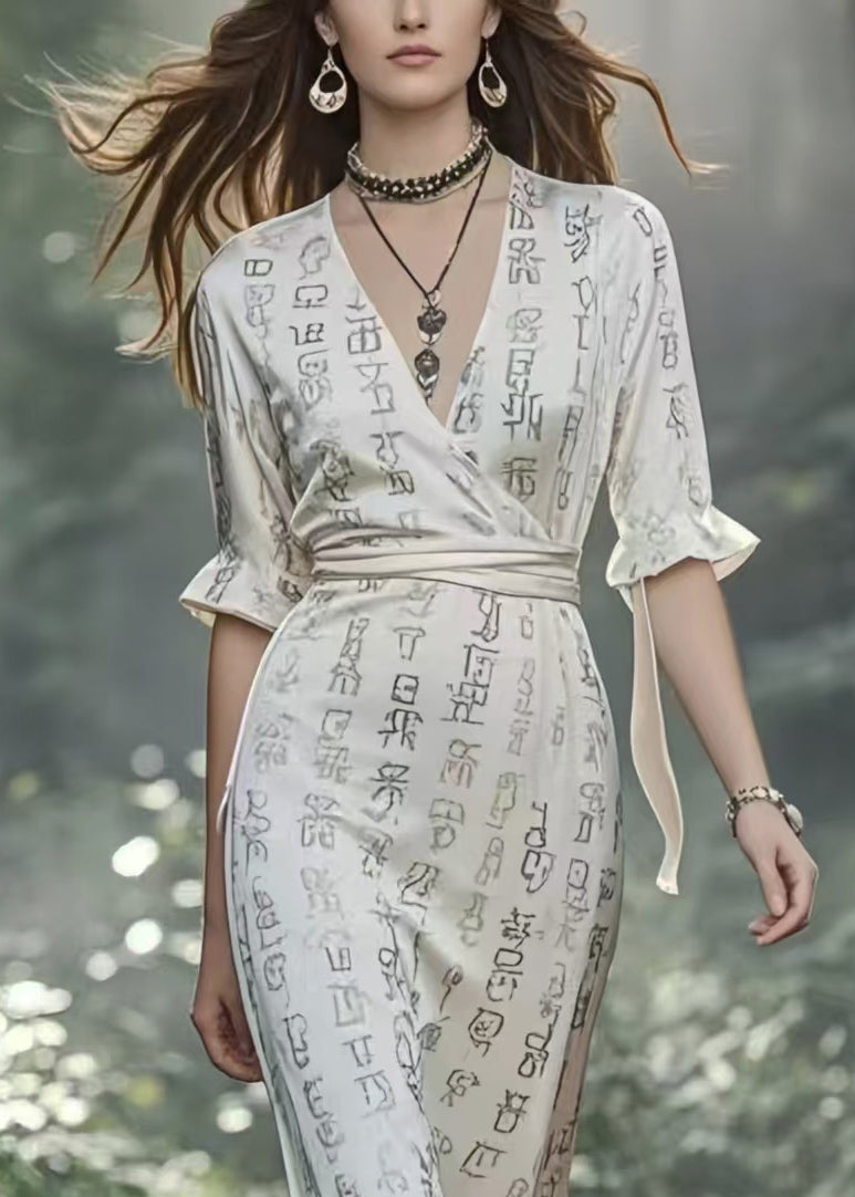White Print Draping Silk Long Dresses Cinched Half Sleeve