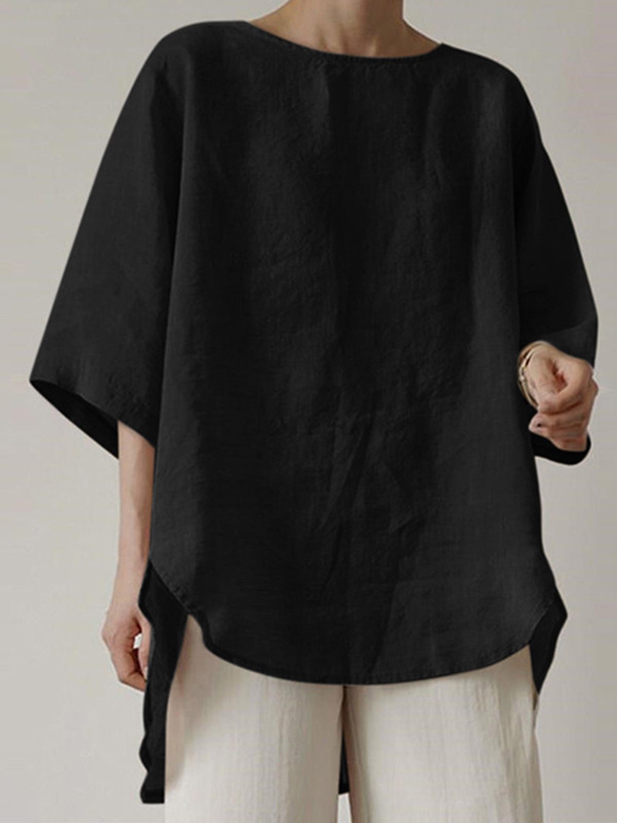 Women's Casual Pure Color Half Sleeve Cotton And Linen Shirt