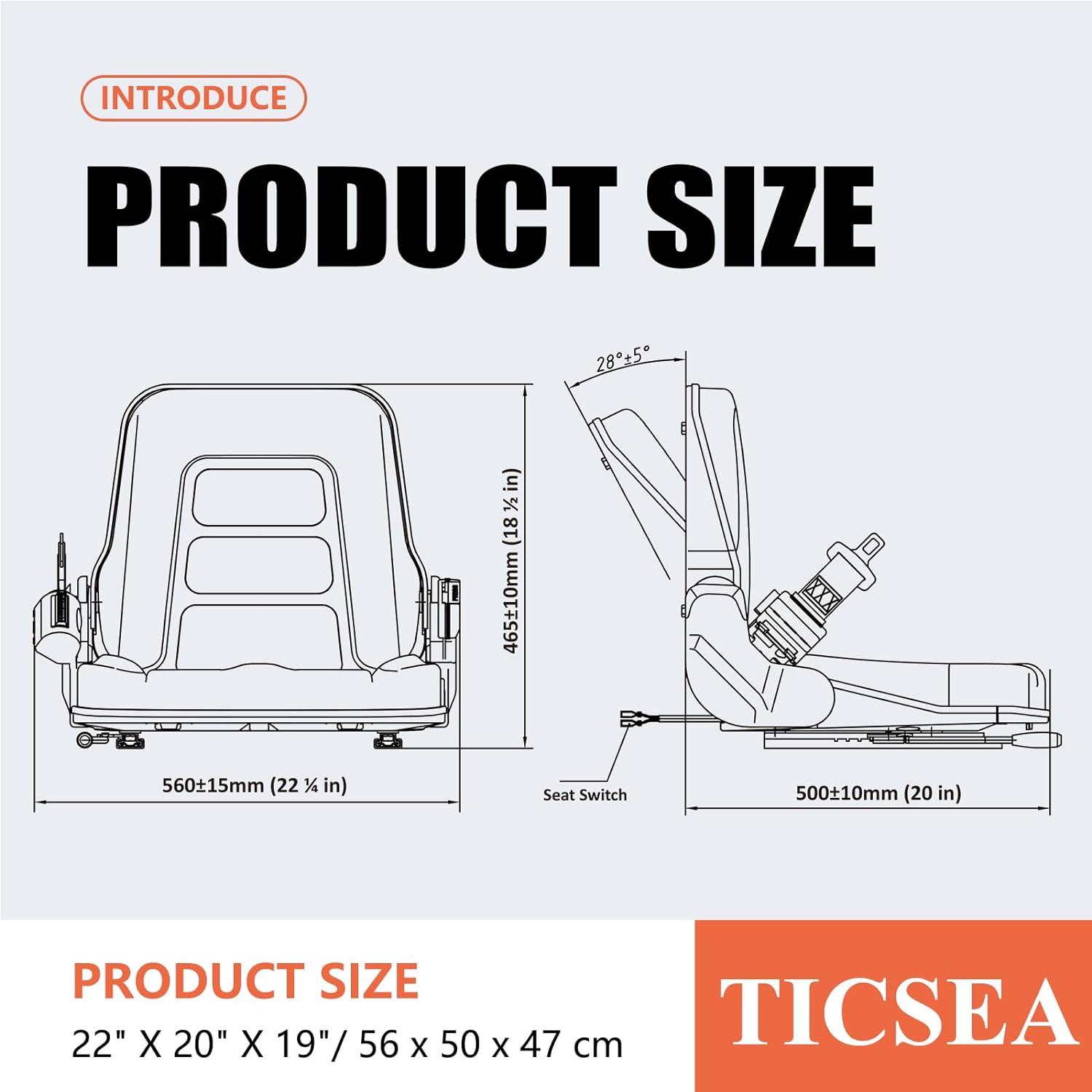 TICSEA Universal Forklift Seat with Adjustable Back Safety Belt And Operator Position Switch