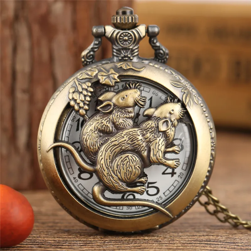 Bronze Hollow Out Chinese Twelve Zodiac Design Animal Quartz Pocket Watch for Men Women with Necklace Chain Gift reloj