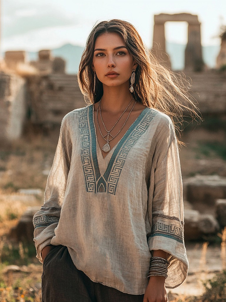 Vintage Greek Key Graphics V-neck Linen Blend T-shirt