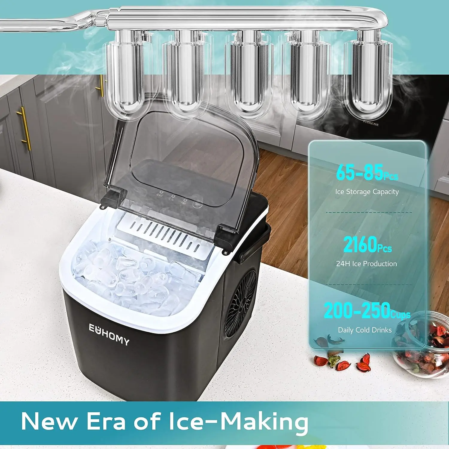 EUHOMY Ice Maker Countertop with Handle, 26lbs in 24Hrs, 9 Ice Cubes Ready in 6 Mins, Auto-Cleaning Portable Ice Maker with Basket and Scoop, for Home/Kitchen/Camping/RV. (2026 New Silver) Utensils