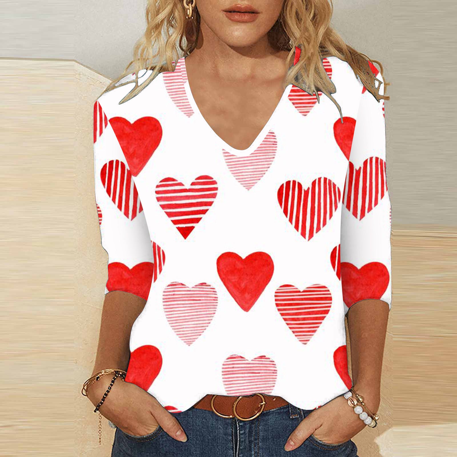 3d Digital Printing Valentine's Day Heart Printing Women's Cute Casual Loose V-neck 34 Sleeves T-shirt