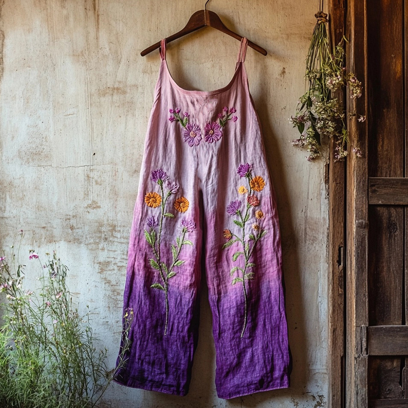 Women's Floral Embroidered Linen Blend Purple Gradient Jumpsuit