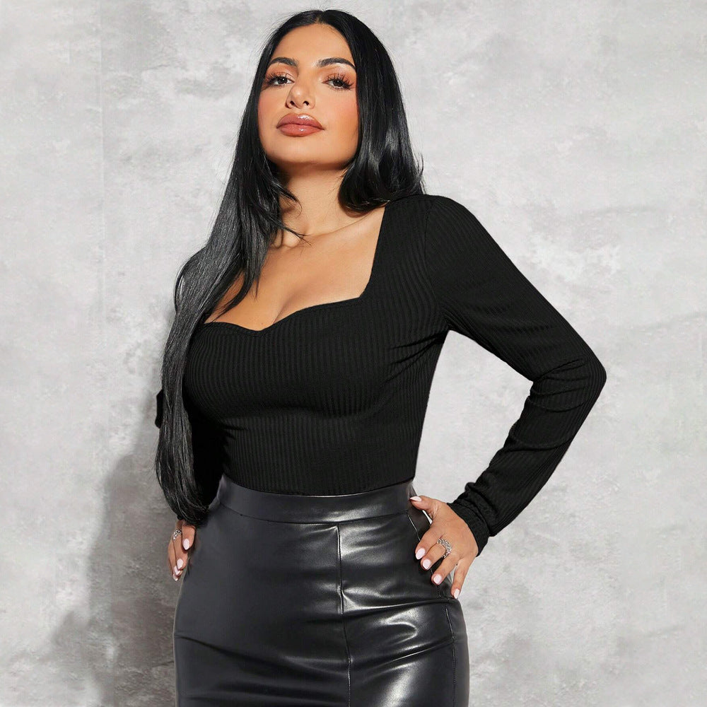 Plus Size Women Clothing Simple Square Neck T Shirt Autumn Winter Slim Fit Slimming Bottoming Top