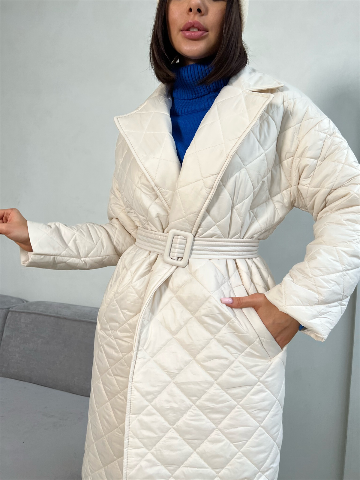 Warm Keeping Cotton Clothing Cotton Padded Coat for Winter Women Rhombus Cotton-Padded Jacket Waist Tight Long Cut Coat Plus Size Coat for Women