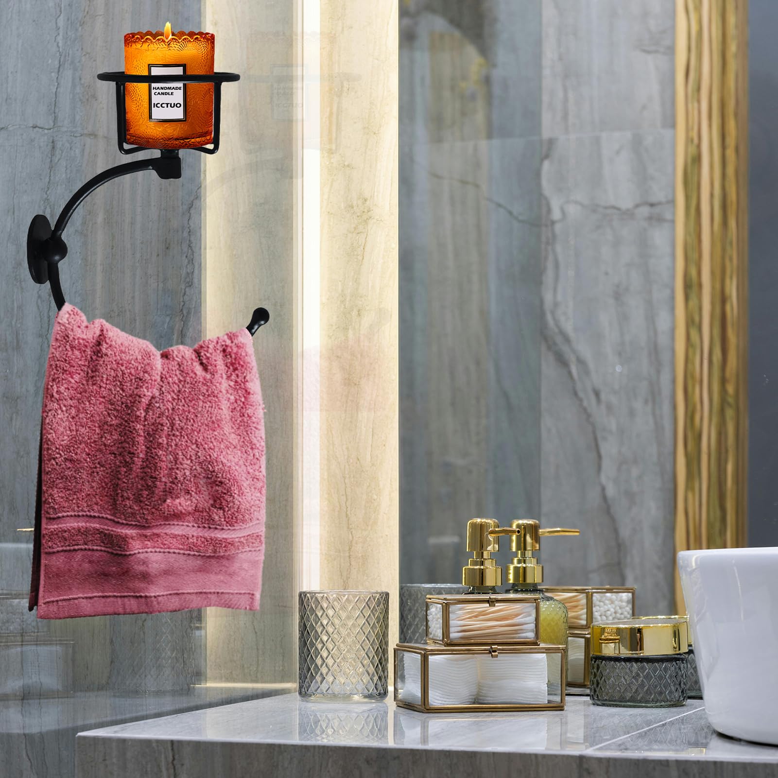 Hand Towel Holder, Matt Black Hand Towel Ring for Bathroom Wall Mounted with Candle Holder
