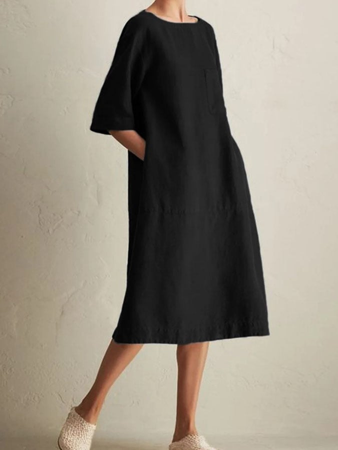 Solid Color Round Neck Pocket Half Sleeve Casual Dress